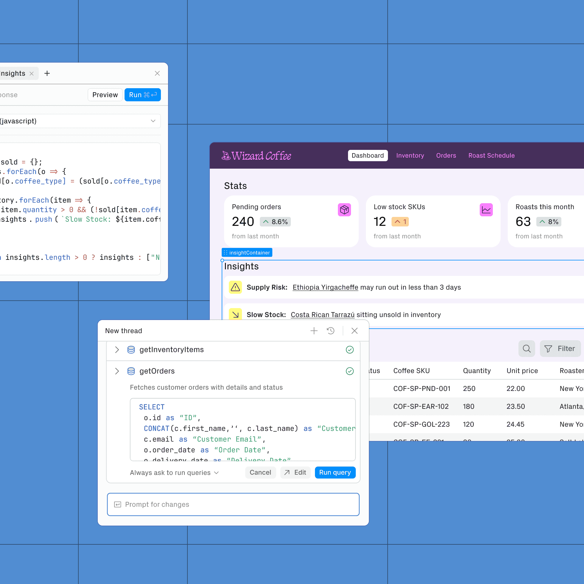 A visual showing the building of a retool app with chat, visual building, and code