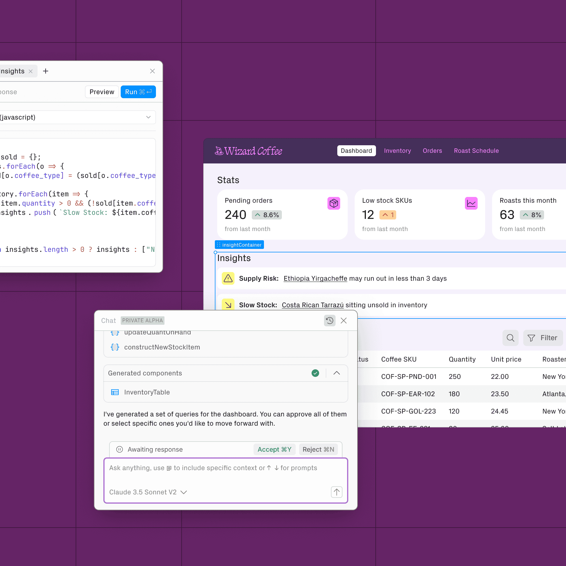 A visual showing the building of a retool app with chat, visual building, and code