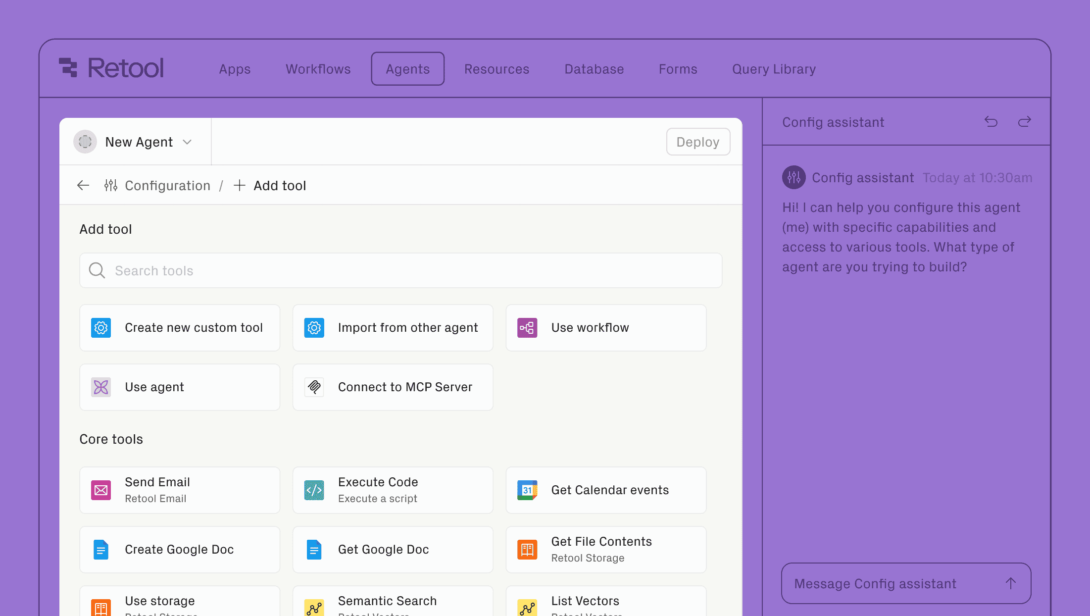 Retool UI showing library of available agents to use