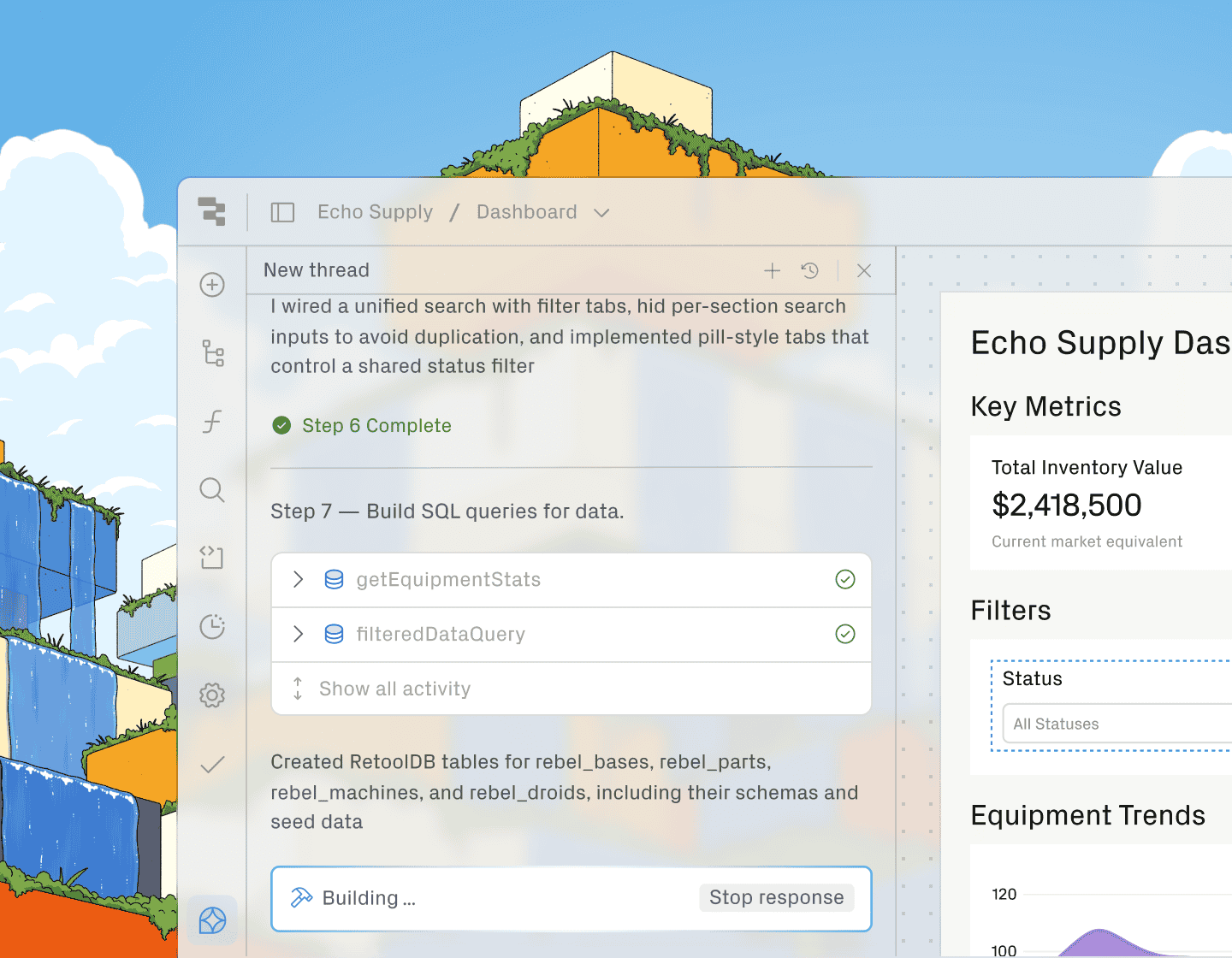A screen of the Retool app over the top of an illustration of a lush app layer dreamscape.