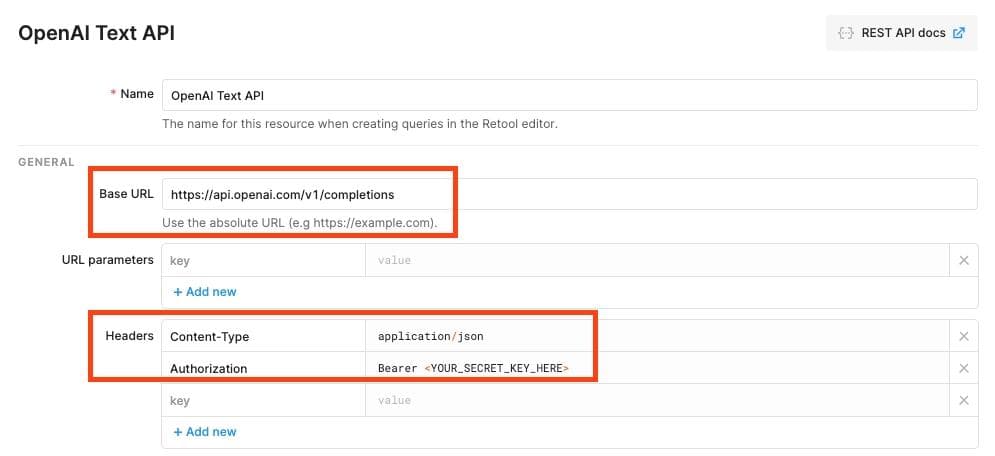 Example setup for your OpenAI API in Retool
